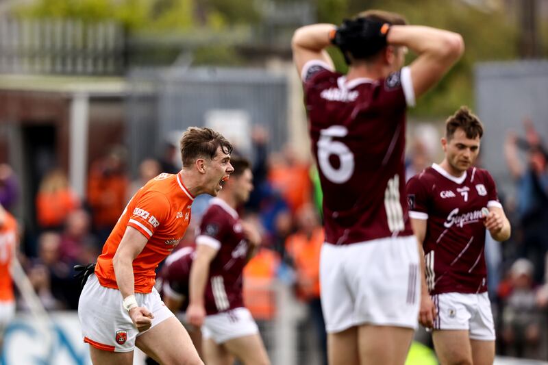 Andrew Murnin celebrates at the final whistle after a late comeback secured a draw against Galway at Markievicz Park that saw Armagh top the group. Photograph: Ben Brady/Inpho