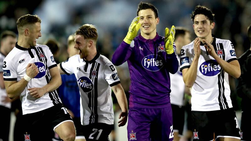 Dundalk’s Gabriel Sava and Jamie McGrath celebrate after the game. Photograph: Ryan Byrne/Inpho