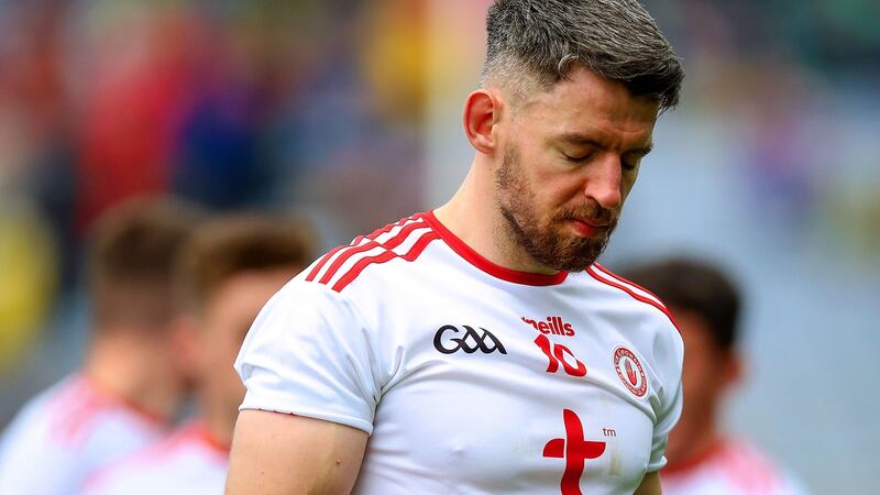 Tyrone’s Matthew Donnelly dejected after the Kerry defeat. Tyrone, with the exception of Colm Cavanagh, do not have All-Ireland senior medallists. Photograph: Tommy Dickson/Inpho