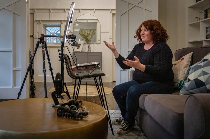 Jane Harper shows the setup she uses for virtual book tour appearances, at her home in Melbourne, Australia in October 2020. Photograph: Asanka Brendon Ratnayake/The New York Times