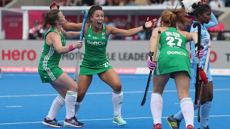 Anna O’Flanagan celebrates scoring against India. Photograph: Christopher Lee/Getty Images