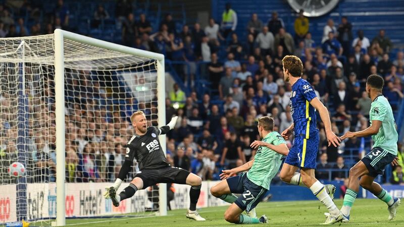 Chelsea’s Marcos Alonso scores against Leicester City at Stamford Bridge. Photograph: Getty Images