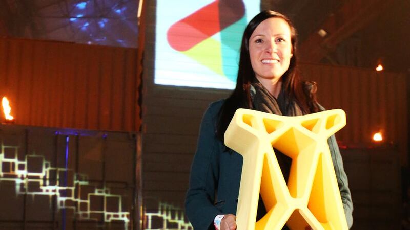 Samantha Snabes, Co-Founder of re:3D with “Gigastool” made by 3D printer Gigabot, the largest affordable 3D printer.