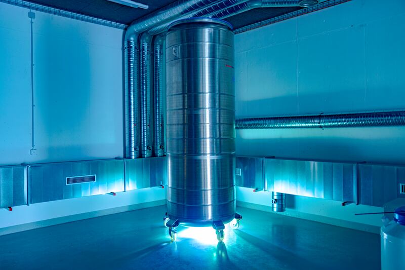 A cryogenic storage dewar in Tomorrow Bio’s storage facility in Switzerland, which can store up to four bodies