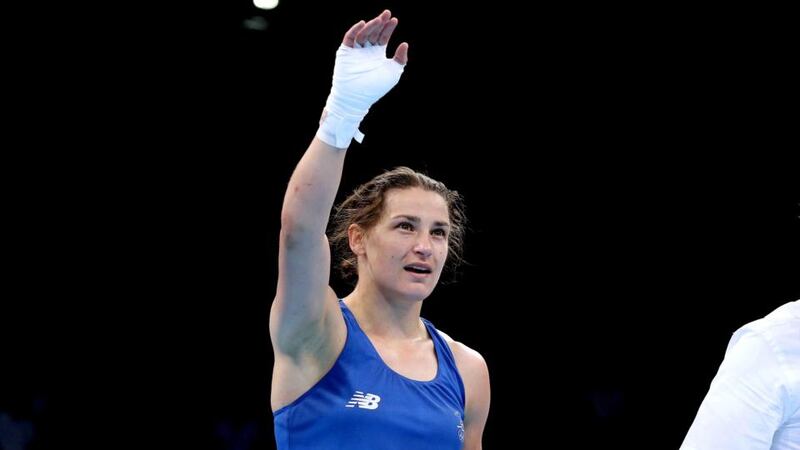 Katie Taylor celebrates her women’s lightweight quarter-final win against Sweden’s Ida Lundblad at the European Games in Baku. Photograph: Ryan Byrne/Inpho