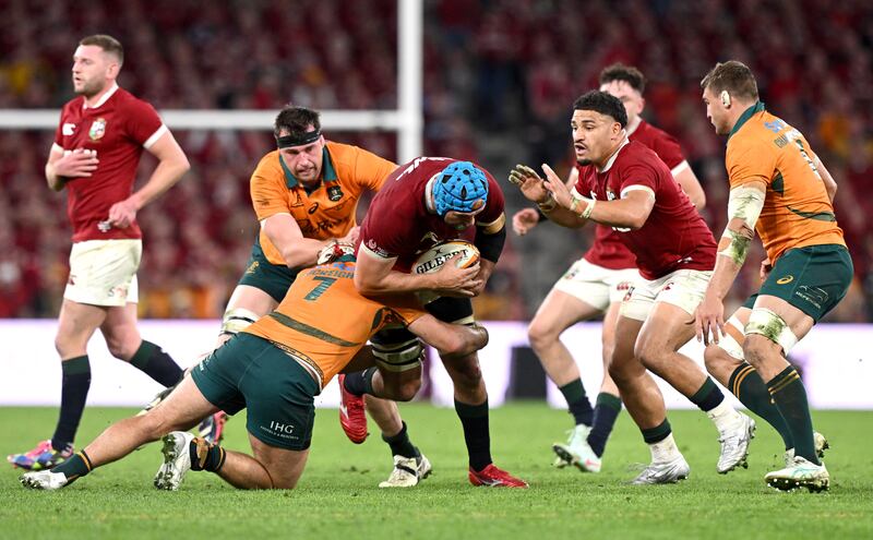 Tadhg Beirne runs into contact during the first Test against Australia in Brisbane. Photograph: Bradley Kanaris/Getty Images