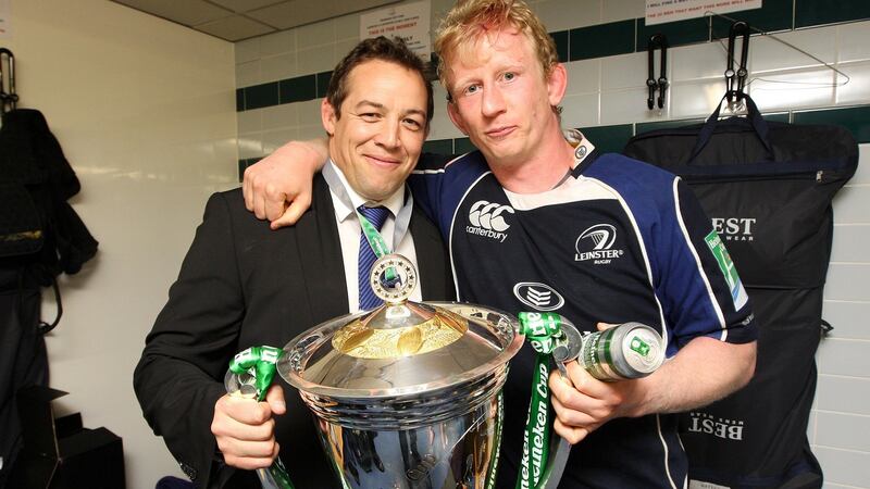 Jonno Gibbes and Leo Cullen with the Heineken Cup Trophy in 2009 after the win over Leicester in Murrayfield. Photograph: Billy Stickland/Inpho