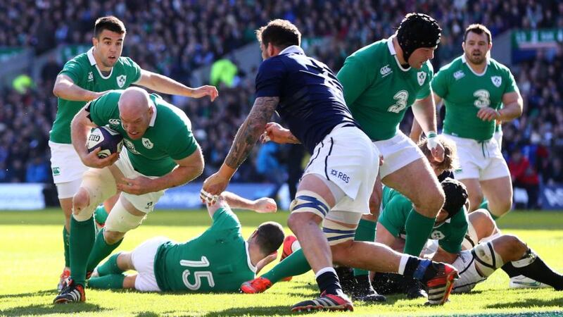 Paul O’Connell scores Ireland’s opening  try against Scotland. Photograph: Inpho