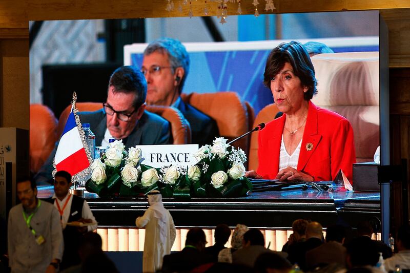 French foreign minister Catherine Colonna (R), addressing a peace summit in Cairo, called for a humanitarian corridor to deliver aid to Gaza. Photograph: KHALED DESOUKI/AFP via Getty Images
