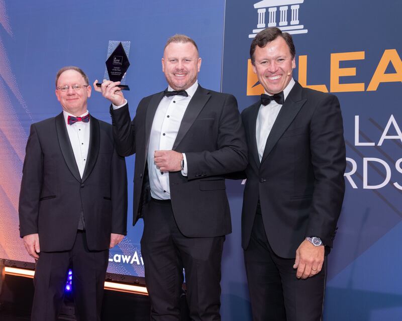 Richard Hammond, solicitor and partner at Hammond Good LLP and chair of the judging panel of the Leap Irish Law Awards; Ciarán Mullholland, principal solicitor at Mulholland Law; and Anton Savage, MC of the night. Photograph: Paul Sherwood