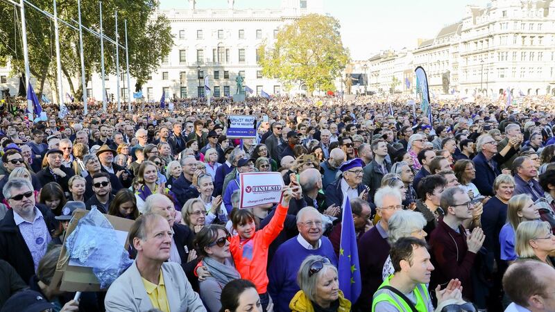 Some of an estimated 700,000 strong protest during the People’s Vote March on Saturday, which called for a vote on the final Brexit deal. Photograph: EPA