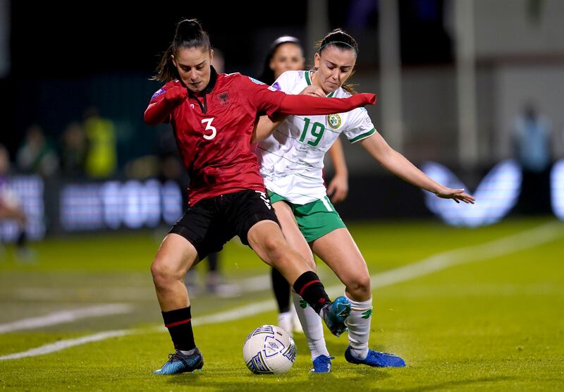 Republic of Ireland's Abbie Larkin and Albania's Arbenita Curraj battle. Photograph: Brian Lawless/PA Wire