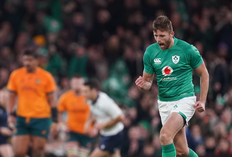 Ireland's Ross Byrne celebrates after kicking a late penalty to win the game during the Autumn International match at the Aviva Stadium in Dublin, Ireland. Picture date: Saturday November 19, 2022. PA Photo. See PA story RUGBYU Ireland. Photo credit should read: Brian Lawless/PA Wire.

RESTRICTIONS: Use subject to restrictions. Editorial use only, no commercial use without prior consent from rights holder.
