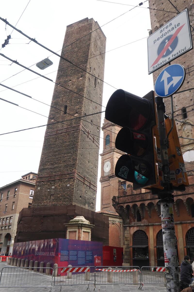 The Garisenda medieval tower in Bologna has a more pronounced lean than the Pisa tower, at 4 degrees. Photograph: Michele Nucci/Lapresse/AP