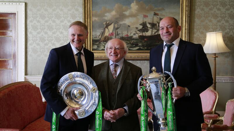 Rory Best and Joe Schmidt meet with President Michael D Higgins at a reception for the Grand Slam-winning Ireland side in 2018. Photograph: Nick Bradshaw