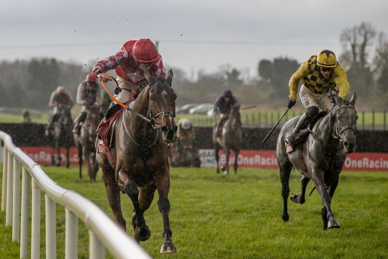 Jack Kennedy on Mighty Potter wins The Bar One Racing Drinmore Novice Steeplechase at Fairyhouse. Photograph: Morgan Treacy/Inpho
