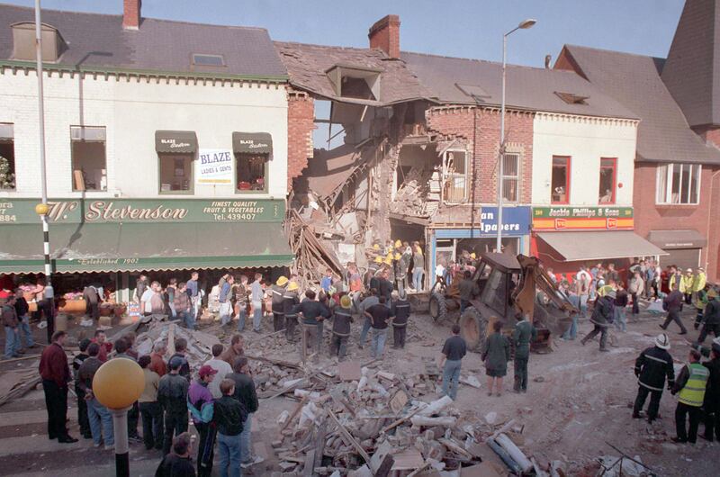 The scene of devastation outside Frizzell's fish shop on the Shankill Road following the IRA attack on October 23rd, 1993. Photograph: Pacemaker Belfast 
