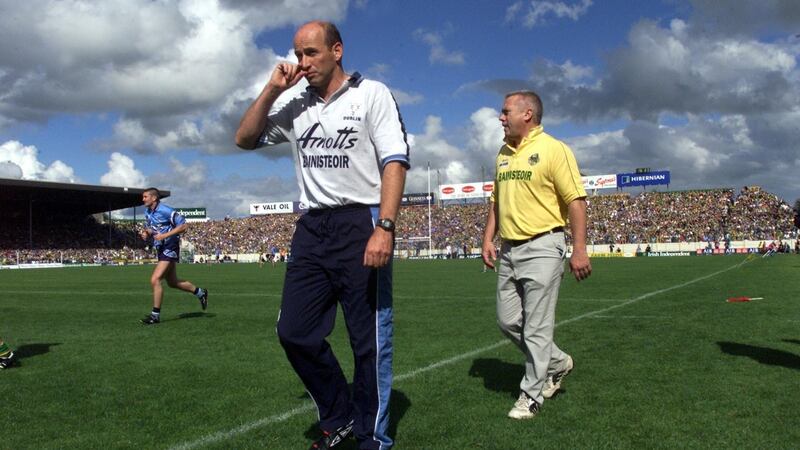 Rival managers Tommy Carr of Dublin and Páidí Ó Sé of Kerry during the 2001 All-Ireland SFC quarter-final at Semple Stadium. Photograph: Billy Stickland/Inpho