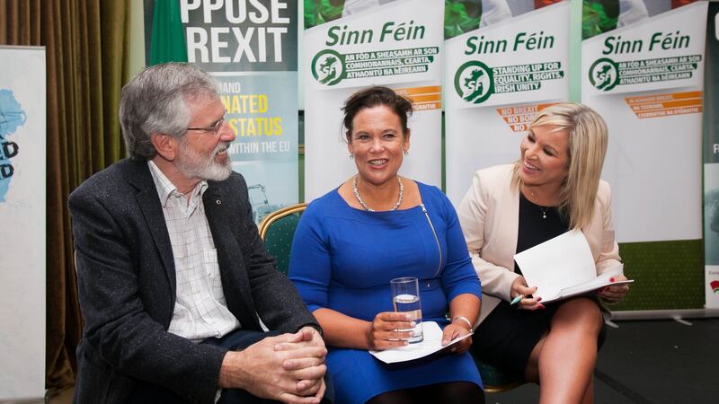 Sinn Fein president Gerry Adams TD,  deputy leader Mary Lou McDonald TD and Sinn Féin leader in Northern Ireland Michelle O’Neill MLA in  Dublin earlier this year. File photograph: Gareth Chaney/Collins