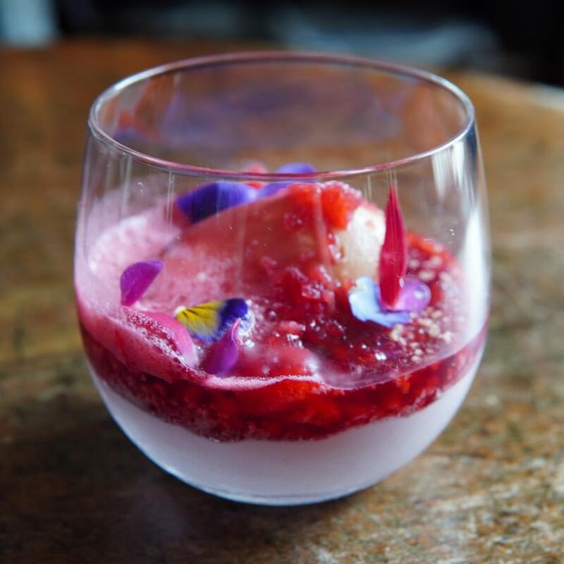 Raspberry mousse, hazelnut, blood orange at Delahunt