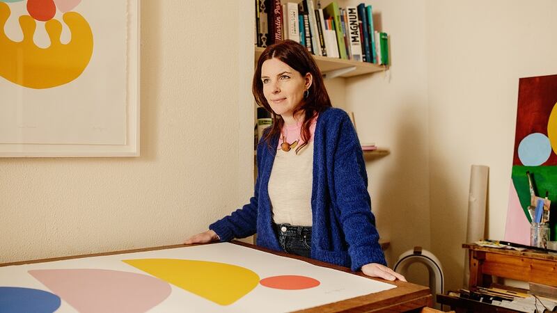 Fitzgerald checks a print of her new four colour limited edition Shapes in Song screen print