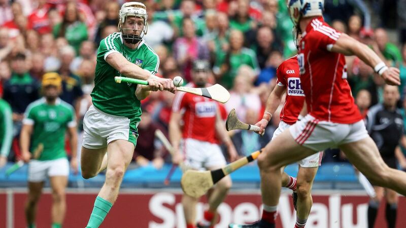Cian Lynch fires home his side’s opening goal against Cork in the All-Ireland semi-final at Croke Park. Photograph: Tommy Dickson/Inpho