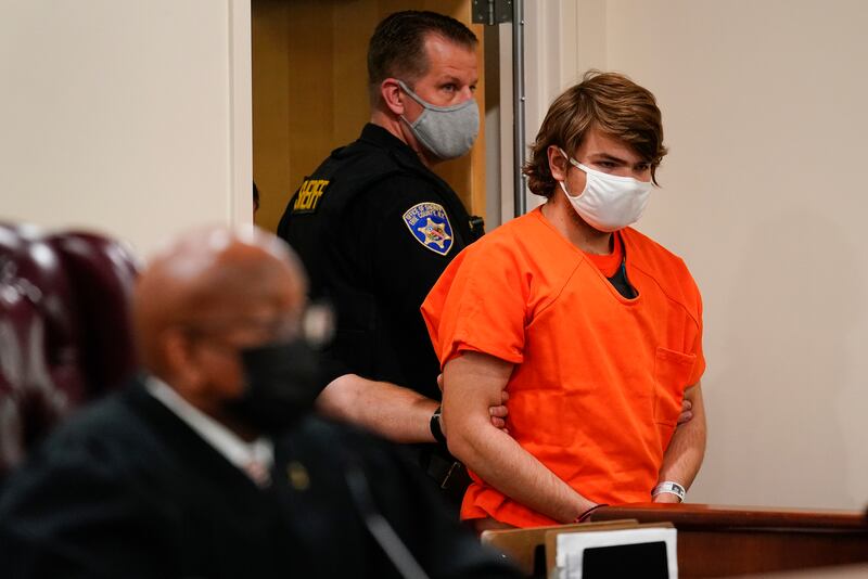 The Buffalo mass shooting suspect Payton Gendron is led into court for a hearing at Erie County Court in Buffalo, New York. Photograph: Matt Rourke/AP