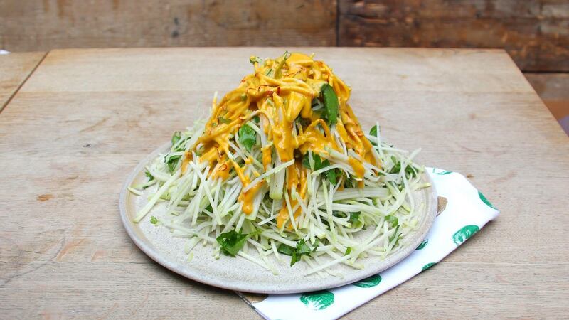 Kohlrabi with tahini and saffron dressing.