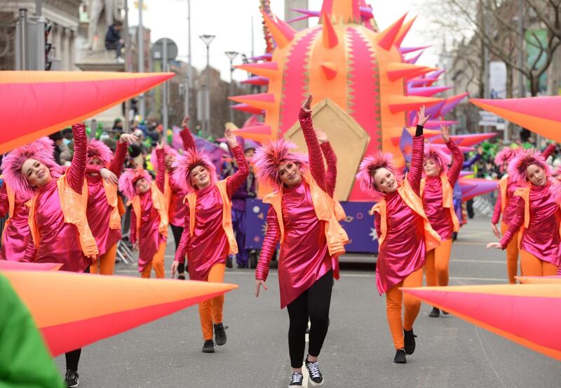 St Patrick’s Day: Inishowen Carnival Group in last year’s Dublin parade. Photograph: Dara Mac Dónaill