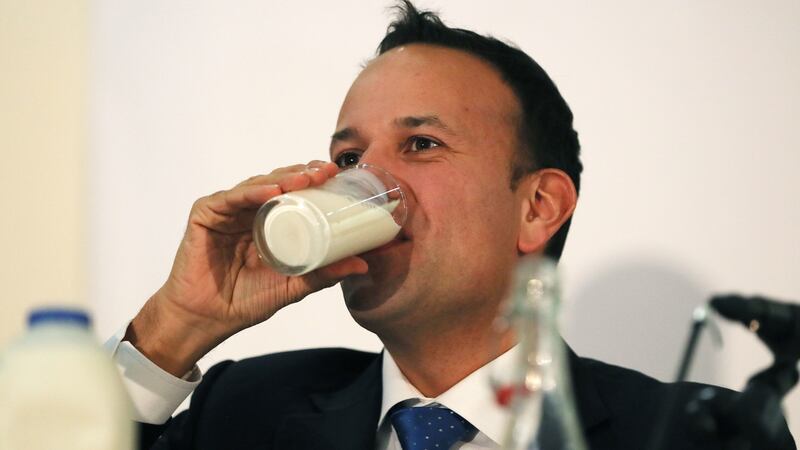 Taoiseach Leo Varadkar drinks milk at Irish Creamery Milk Suppliers Association agm. Photograph: Brian Lawless/PA Wire