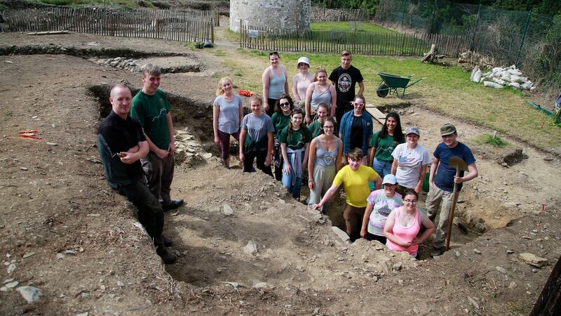 Irish National Heritage park  manager Chris Hayes (far left) with Dr Denis Shine from the  Irish Archeology Field School, and the group of interns including Jacqueline Turner; Ruairí Weiner; Sally Hurst; Gwyneth Evans, USA; Stephanie Zellers, USA; Christopher Chan, USA; Alyssa Cowan, intern, Canada; Georgia Blanch; Molly Crissell; Josephine Pawlicka; Katherine Ryan, Ireland; Hannah Hughes, Ireland; Elizabeth Valdovines, California; Ruth L Dorton, USA; Daphne Schigiel, USA and Clover Little. Photograph Nick Bradshaw/ The Irish Times