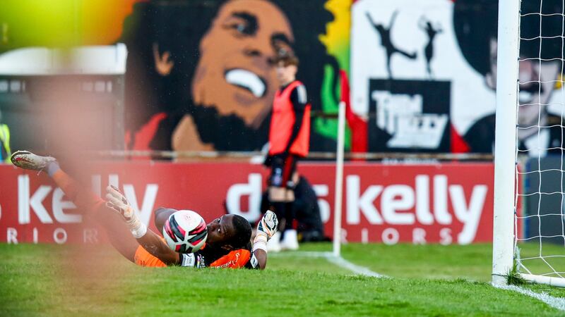 Drogheda goalkeeper David Odumosu watches Bohemians’ Georgie Kelly’s third goal go past him during the SSE Airtricity League Premier Division game at  Dalymount Park. Photograph: Ben Brady/Inpho