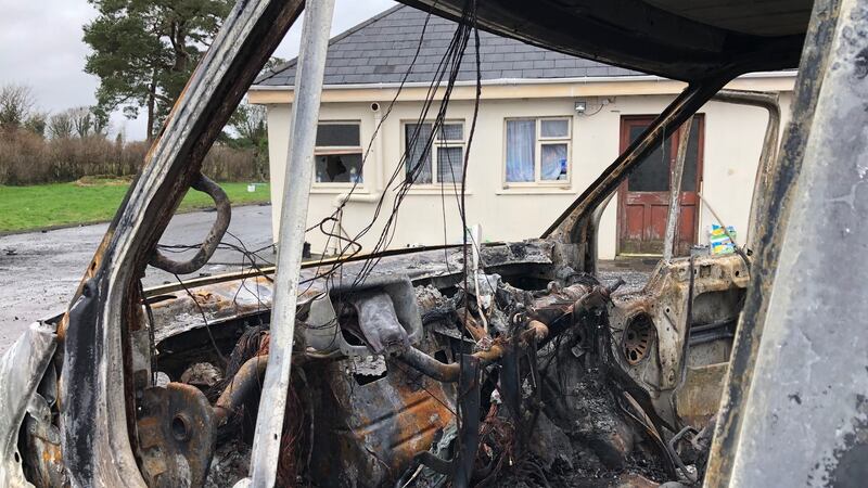 One of the burnt out vehicles in the yard of the house at  Falsk. Photograph: Peter Murtagh