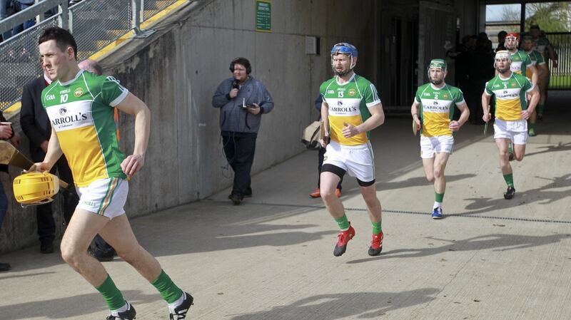 Offaly team emerges on to O’Connor Park, Tullamore. Photograph  Inpho/John Kelly