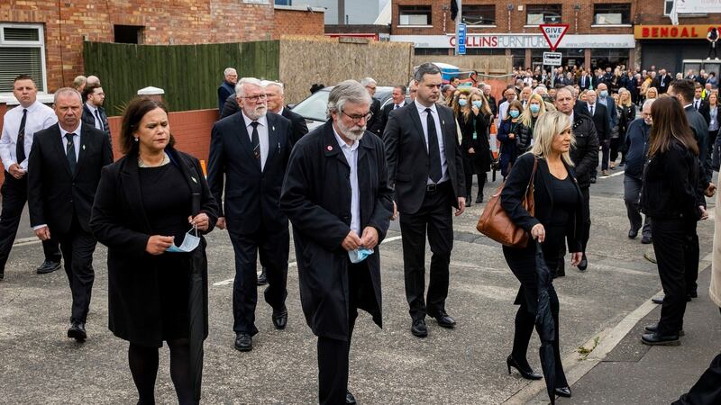 Sinn Féin leader Mary Lou McDonald, former  leader Gerry Adams and the North’s Deputy First Minister Michelle O’Neill arrive for the funeral. Photograph: Liam McBurney/PA