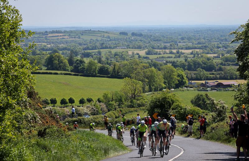 Gareth O’Neill of the Carlow Dan Morrissey team leads the peloton up the climb at Sliabh na Cailligh in Co Meath. Photograph: Lorraine O’Sullivan