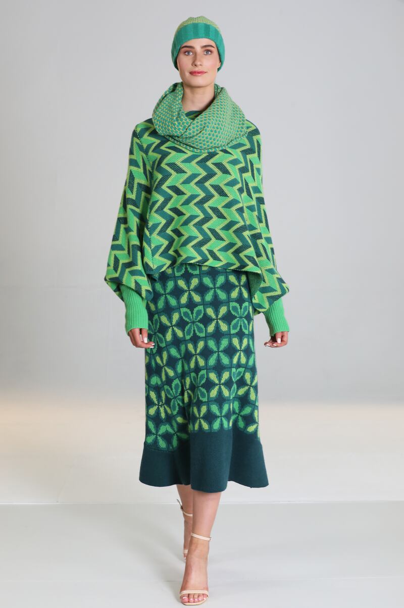 Green zig zag sweater, €155, and skirt, €200, by Linda Wilson. Photograph: Sasko Lazarov