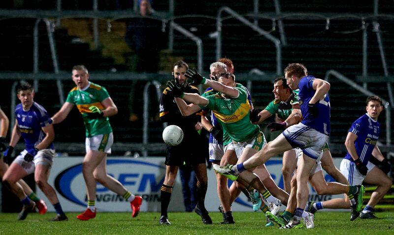 Scotstown’s Kieran Hughes attempts a late shot to draw the game. Photograph: Ryan Byrne/Inpho