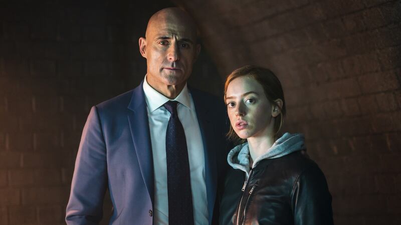 Mark Strong with Lily Newmark, who plays Eve Milton in Temple. Photograph: Amanda Searle/Sky UK