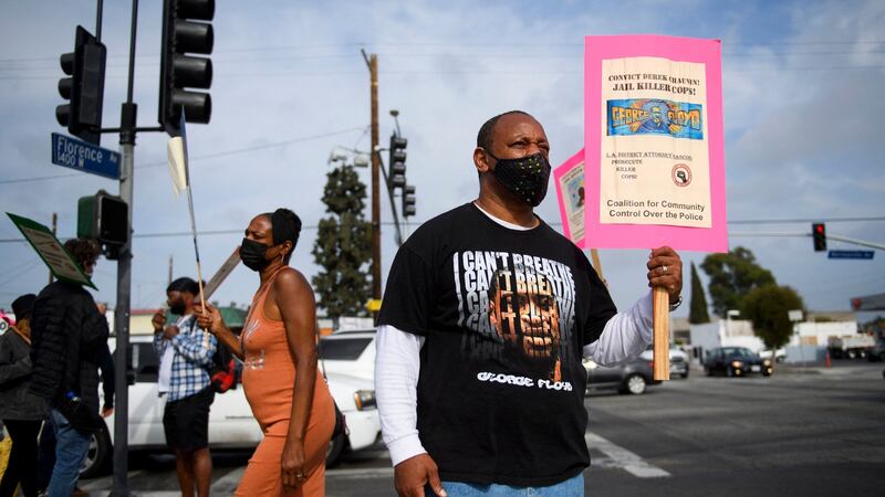 Activist Najee Ali protests the killings of people by police including the death of George Floyd and Daunte Wright on April 12th at in Los Angeles, California. Photograph: Patrick T Fallon/AFP via Getty Images