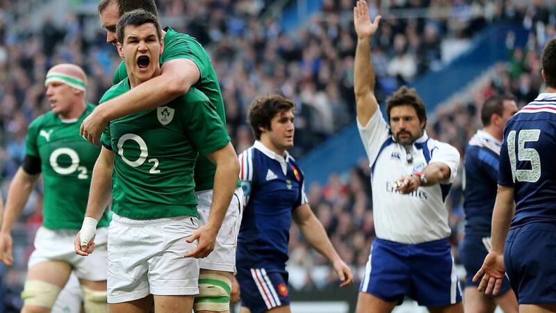 Johnny Sexton celebrates scoring the opening try against France in 2014. Photograph: James Crombie/Inpho