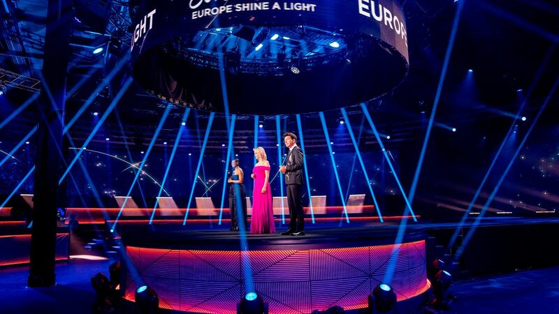 The hosts of the the Eurovision’s Europe Shine A Light remote television show, held  in Hilversum, Netherlands. Photograph: AP