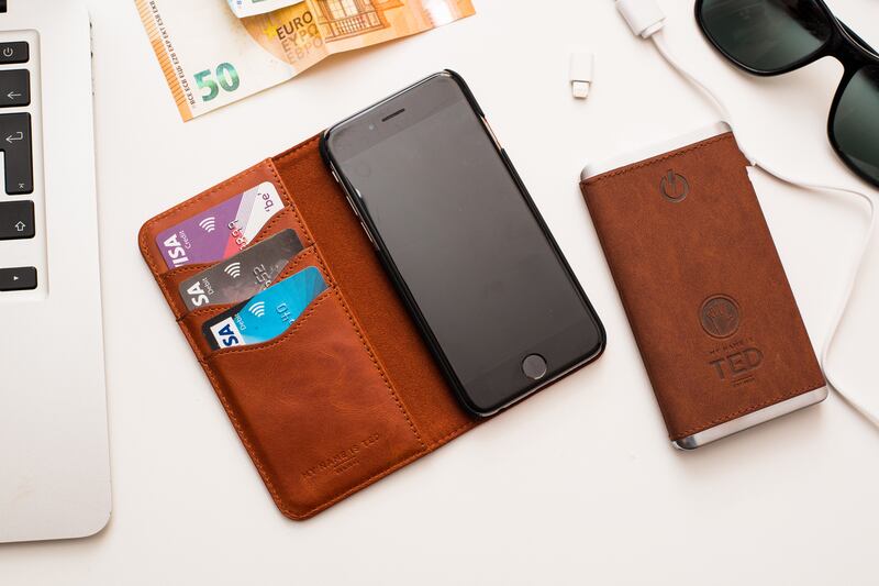 My Name Is Ted smartphone cardholder, €69, and ultraslim leather powerbank, €49, mynameisted.ie