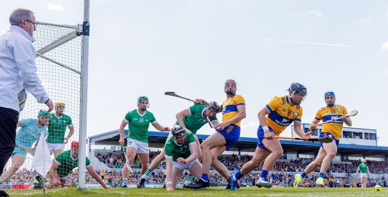 Limerick’s goalkeeper Nickie Quaid, Dan Morrissey, Barry Nash, Sean Finn, Diarmaid Byrnes and Declan Hannon with Peter Duggan, David Reidy and Shane O’Donnell of Clare in the Munster championship in Ennis, Co Clare. Photograph: James Crombie/Inpho