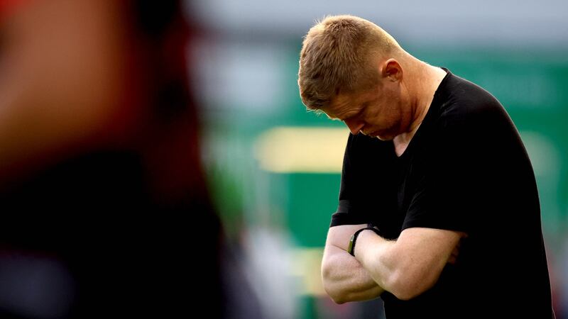 Shels’ head coach Damien Duff dejected after losing to Derry City. Photograph: Ryan Byrne/Inpho 