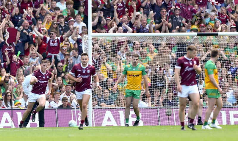 Galway’s Matthew Tierney celebrates a goal against Donegal. Photograph: James Crombie/Inpho