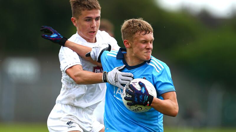 Kildare’s Tommy Gill tackles Dublin’s Alex Rogers during his side’s Leinster MFC final win. Photograph: Tom O’Hanlon/Inpho