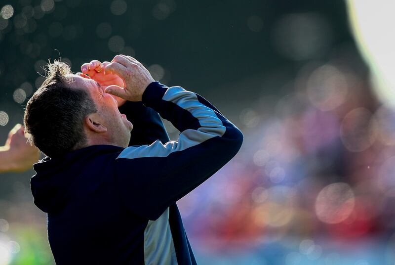 Waterford manager Davy Fitzgerald celebrates at the final whistle after the victory over Cork at Walsh Park. Photograph: Ken Sutton/Inpho 