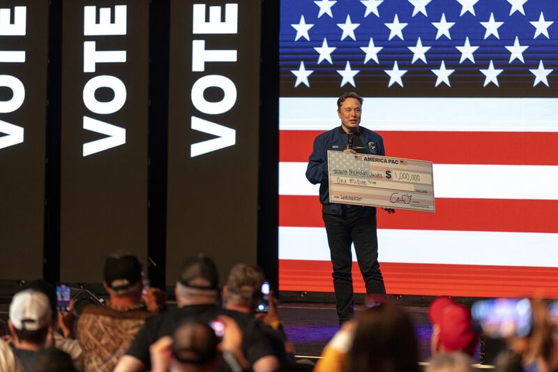 Elon Musk brandishes a cheque for $1 million as he headlines a rally in support of conservative judicial candidate Brad Schimel in Green Bay, Wisconsin, on Sunday. Photograph: Jim Vondruska/The New York Times
                      
