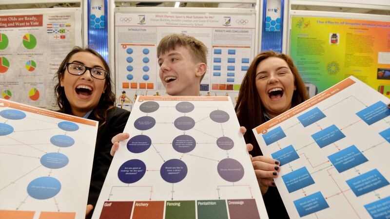 Jennifer Linehan, Fionan Buckley and Grace O’Connor from Millstreet Community School with their project on Which Olympic Sport Is Most Suitable For Me? at this year’s BT Young Scientist and Technology Exhibition. Photograph: Alan Betson